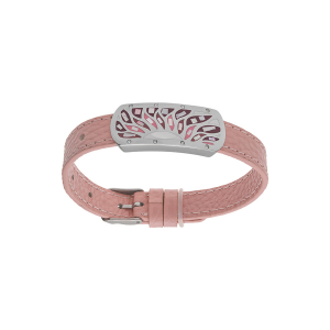 BRACELET ACIER ET CUIR BOVIN MOTIF RECTANGUALIRE RÉSINE ET NACRE BLANCHE ET ROSE RÉGLABLE