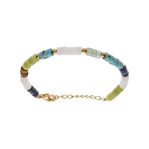 BRACELET ACIER RONDELLES SODALITE, OLIVINE, QUARTZ, OEIL DE TIGRE VÉRITABLE ET TURQUOISE IMITATION 16+3CM