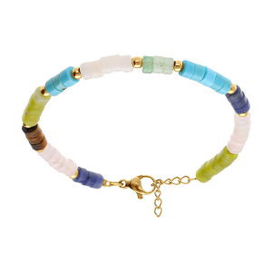 BRACELET ACIER RONDELLES SODALITE, OLIVINE, QUARTZ, OEIL DE TIGRE VÉRITABLE ET TURQUOISE IMITATION 16+3CM