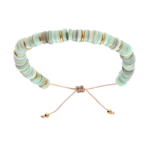 BRACELET ACIER ET PVD DORÉ CORDON RÉGLABLE ET RONDELLES COQUILLAGE TEINTÉ BLEU