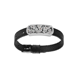 BRACELET ACIER ET CUIR BOVIN NOIR MOTIF RECTANGULAIRE RÉSINE ET NACRE BLANCHE ET NOIRE RÉGALBLE