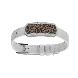 BRACELET ACIER ET CUIR BOVIN BLANC MOTIF RECTANGULAIRE AVEC RÉSINE LEOPARD RÉGLABLE