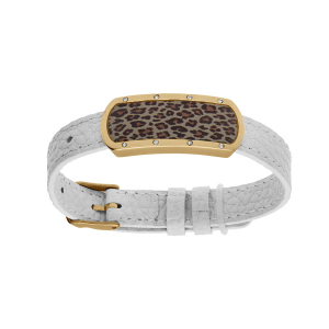 BRACELET ACIER ET PVD DORÉ ET CUIR BOVIN BLANC MOTIF RECTANGULAIRE AVEC RÉSINE LEOPARD RÉGLABLE