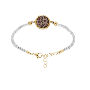 BRACELET ACIER DORÉ STELLA MIA  CORDON BLANC MOTIF ROND AVEC RÉSINE LEOPARD 16+3CM