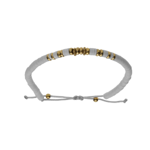 BRACELET ACIER CORDON COULISSANT RONDELLES BLANCHES ET BOULES PVD DORÉ