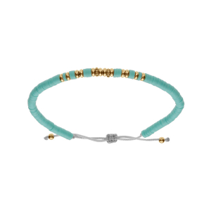 BRACELET ACIER CORDON COULISSANT RONDELLES TURQUOISE IMITATION ET BOULES PVD DORÉ