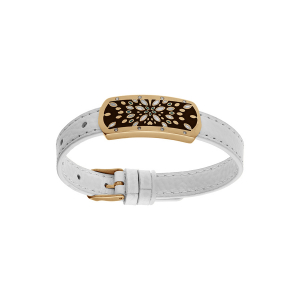 BRACELET ACIER ET PVD DORÉ ET CUIR BOVIN BLANC MOTIF RECTANGULAIRE AVEC RÉSINE RÉGLABLE