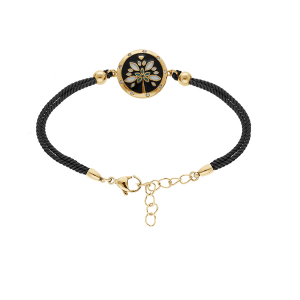 BRACELET ACIER ET PVD DORÉ STELLA MIA CORDON NOIR MOTIF ROND AVEC RÉSINE 16+3CM