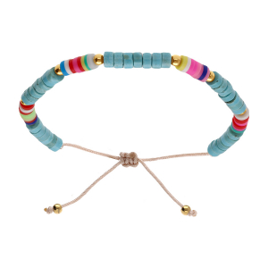 BRACELET ACIER CORDON COULISSANT RONDELLES TURQUOISE IMITATION ET CAOUTCHOUC COLORÉS
