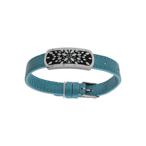 BRACELET ACIER ET CUIR BOVIN TURQUOISE MOTIF RECTANGULAIRE RÉSINE ET NACRE RÉGLABLE