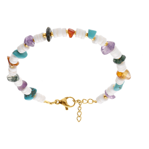 BRACELET ACIER RONDELLES COQUILLAGE AVEC AMÉTHYSTE, AGATE ROUGE, OBSIDIENNE ET TURQUOISE IMITATION 16+3CM