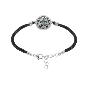 BRACELET ACIER STELLA MIA CORDON NOIR MOTIF ROND RÉSINE ET NACRE 16+3CM