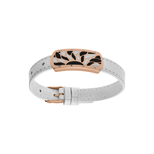 BRACELET ACIER ET PVD ROSE ET CUIR BOVIN BLANC MOTIF ECTANGULAIRE AVEC RÉSINE BLANCHE ET NOIRE RÉGLABLE