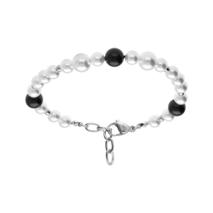 BRACELET ACIER LEWIS PERLES IMITATION 8MM ET 6MM BLANCHES ET NOIRES 18+3CM