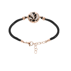 BRACELET ACIER ET PVD ROSE STELLA MIA CORDON NOIR MOTIF ROND AVEC RÉSINE BLANCHE ET NOIRE 16+3CM