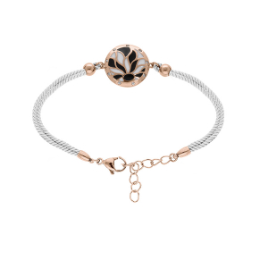 BRACELET ACIER ET PVD ROSE STELLA MIA AVEC CORDON BLANC MOTIF ROND AVEC RÉSINE BLANCHE ET NOIRE 16+3CM