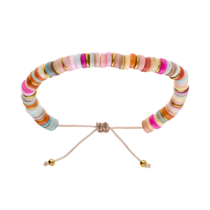BRACELET ACIER ET PVD DORÉ RÉGLABLE RONDELLES COQUILLAGE TEINTÉ MULTICOLORE