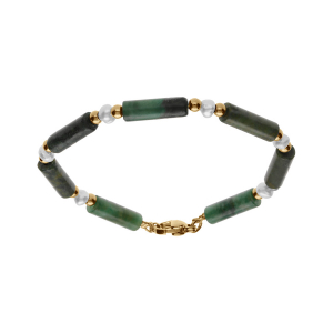 BRACELET ACIER ET PVD DORÉ JADE VERTE ET PERLE BLANCHE DE CULTURE D'EAU DOUCE VÉRITABLE 16+3CM