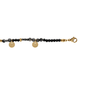 BRACELET ACIER ET PVD DORÉ VERRE ET LABRADORITE NOIRE VÉRITABLE AVEC PAMPILLES PASTILLES 16+3CM