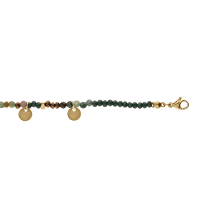 BRACELET ACIER ET PVD DORÉ VERRE ET AGATE VERTE VÉRITABLE AVEC PAMPILLES PASTILLES 16+3CM