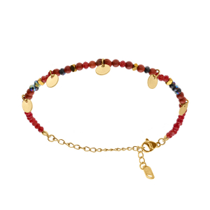 BRACELET ACIER ET PVD DORÉ VERRE ET PIERRE ROUGE VÉRITABLE AVEC PAMPILLES PASTILLES 16+3CM