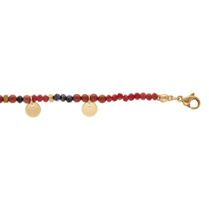 BRACELET ACIER ET PVD DORÉ VERRE ET PIERRE ROUGE VÉRITABLE AVEC PAMPILLES PASTILLES 16+3CM