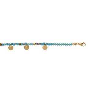 BRACELET ACIER ET PVD DORÉ VERRE ET TURQUOISE IMITATION AVEC PAMPILLES PASTILLES 16+3CM