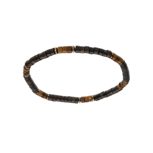 BRACELET ACIER ET PVD DORÉ EXTENSIBLE OEIL DE TIGRE ET ILMENITE BRONZITITE VÉRITABLE