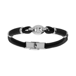 BRACELET ACIER ET CORDON NOIR GRAIN DE CAFÉ 20CM RÉGLABLE