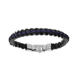 BRACELET ACIER PVD NOIR MAILLE GOURMETTE 8MM ET CUIR BOVIN BLEU 21CM