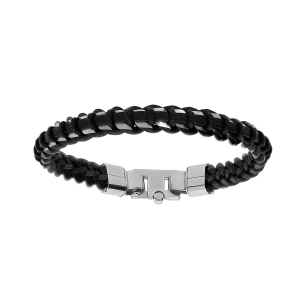 BRACELET ACIER ET PVD NOIR MAILLE GOURMETTE 8MM ET CUIR BOVIN NOIR 21CM