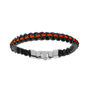 BRACELET ACIER PVD NOIR MAILLE GOURMETTE 8MM ET CUIR BOVIN ORANGE 21CM