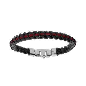 BRACELET ACIER PVD NOIR MAILLE GOURMETTE 8MM ET CUIR BOVIN BORDEAU 21CM