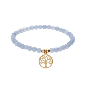 BRACELET ACIER ET PVD DORÉ EXTENSIBLE PIERRES NATURELLES 4MM AGATE  BLEU CLAIR AVEC ARBRE DE VIE