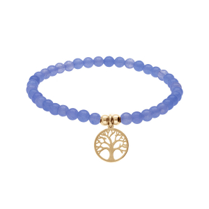 BRACELET ACIER ET PVD DORÉ EXTENSIBLE PIERRES NATURELLES 4MM AGATE  BLEU AVEC ARBRE DE VIE