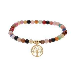 BRACELET ACIER ET PVD DORÉ EXTENSIBLE PIERRES NATURELLES 4MM AGATE  MULTI COULEUR AVEC ARBRE DE VIE