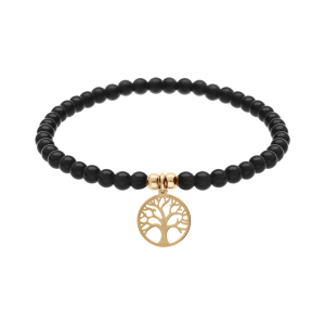 BRACELET ACIER ET PVD DORÉ EXTENSIBLE PIERRES NATURELLES 4MM AGATE  NOIRE AVEC ARBRE DE VIE