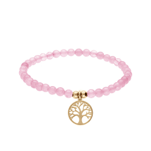 BRACELET ACIER ET PVD DORÉ EXTENSIBLE PIERRES NATURELLES 4MM  AGATE  ROSE AVEC ARBRE DE VIE