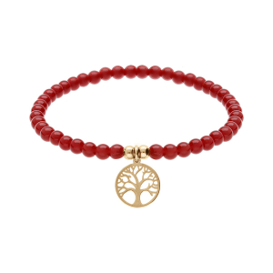 BRACELET ACIER ET PVD DORÉ  EXTENSIBLE PIERRES NATURELLES 4MM  AGATE  ROUGE AVEC ARBRE DE VIE