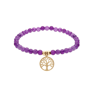 BRACELET ACIER ET PVD DORÉ EXTENSIBLE PIERRES NATURELLES 4MM  AGATE  VIOLETTE  AVEC ARBRE DE VIE