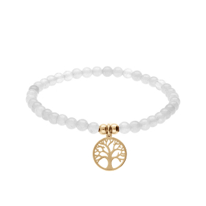 BRACELET ACIER ET PVD DORÉ EXTENSIBLE PIERRES NATURELLES 4MM  AGATE  BLANCHE AVEC ARBRE DE VIE