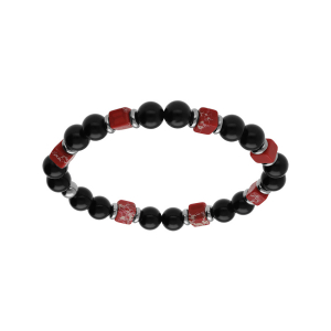 BRACELET ACIER EXTENSIBLE BOULES ONYX VÉRITABLE ET HOWLITE ROSE