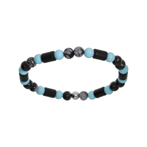 BRACELET ACIER EXTENSIBLE BOULES ONYX VÉRITABLE ET BOULES TURQUOISE IMITATION