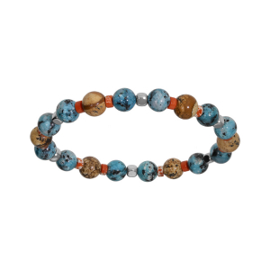 BRACELET ACIER EXTENSIBLE BOULES HOWLITE BLEU ET PAESINE VÉRITABLE ET CUBE HÉMATITE