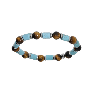 BRACELET ACIER EXTENSIBLE BOULES OEIL DE TIGRE ET HOWLITE BLEU VÉRITABLE