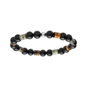 BRACELET ACIER EXTENSIBLE ONYX ET BOULES OEIL DE TIGRE ET HOWLITE VERT VÉRITABLE