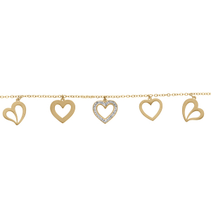 BRACELET ACIER PVD DORÉ PAMPILLE 5 COEURS DONT 1 AVEC RÉSINE ET STRASS 16+3CM