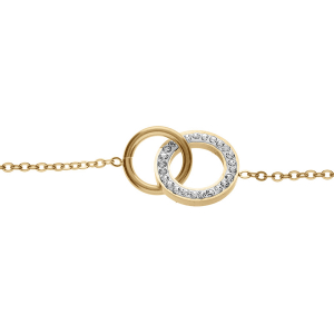 BRACELET ACIER PVD DORÉ DOUBLE CERCLE ENTRELACÉS RÉSINE ET STRASS BLANCS 17+3CM