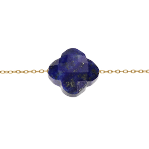 BRACELET ACIER PVD DORÉ TREFLE PIERRE IMITATION FACETÉ BLEU NUIT 17+3CM