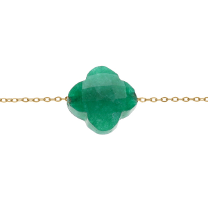 BRACELET ACIER PVD DORÉ TREFLE PIERRE IMITATION FACETÉ VERTE 17+3CM